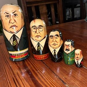 Five Russian nesting dolls- Yeltsin, Gorbachev, Brezhnev, Stalin and Lenin